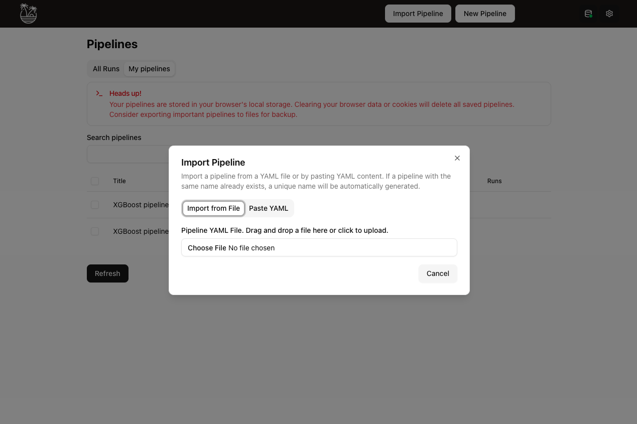 Import Pipeline dialog