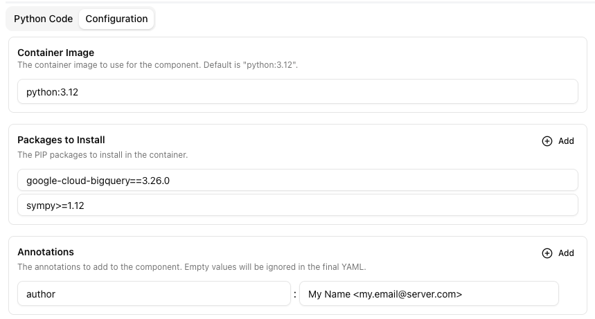 Python Component Editor Configuration
