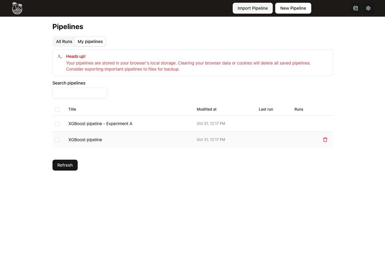 My Pipelines tab on the Home screen