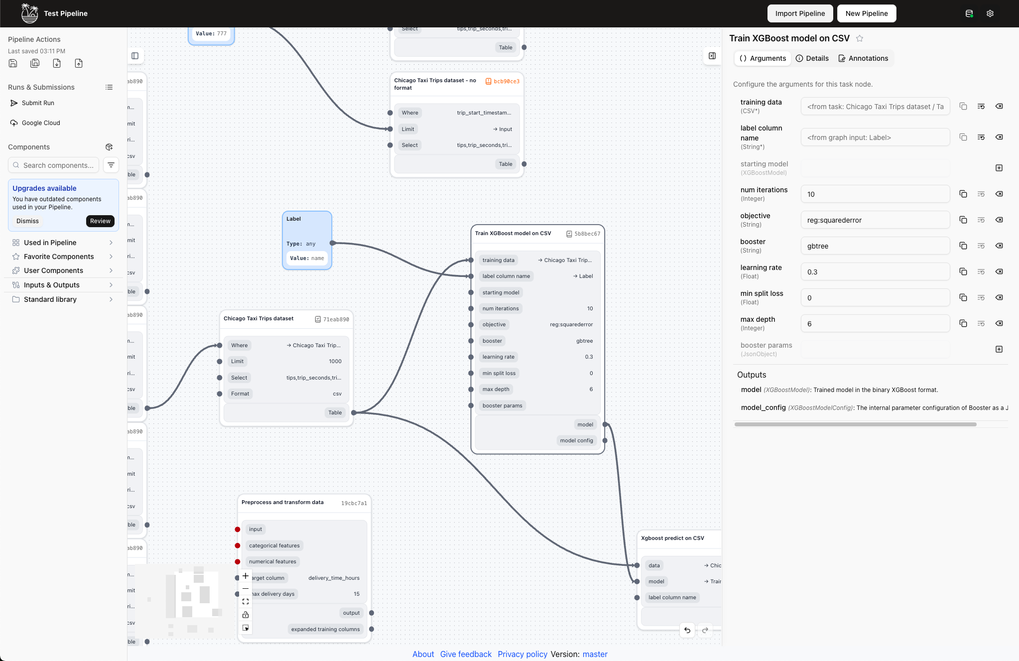 Drag and drop interface showing pipeline components
