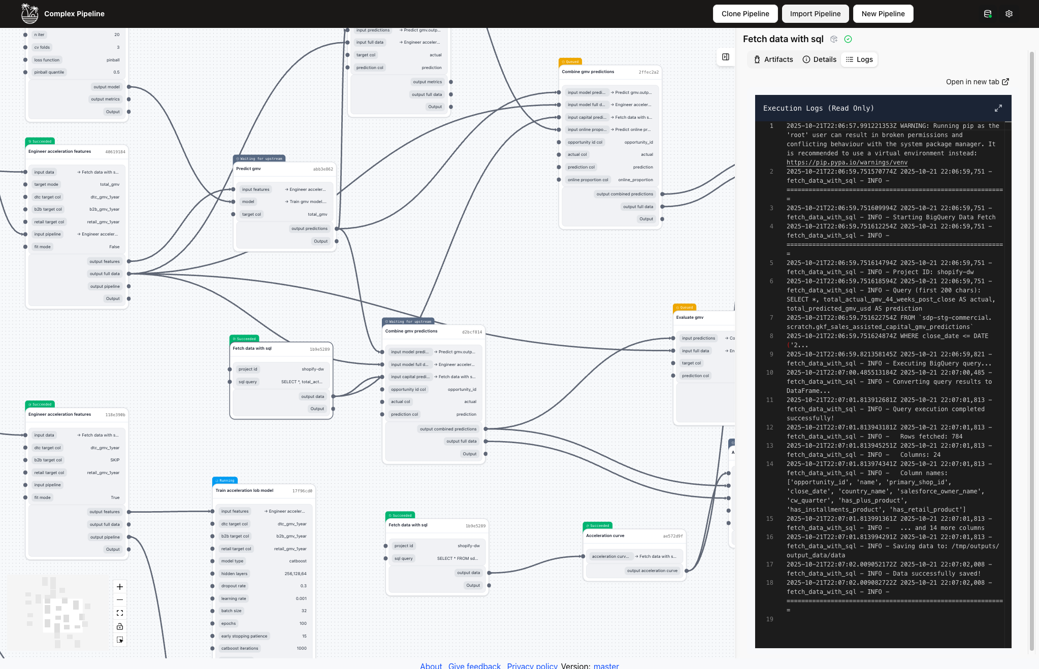 Pipeline execution page